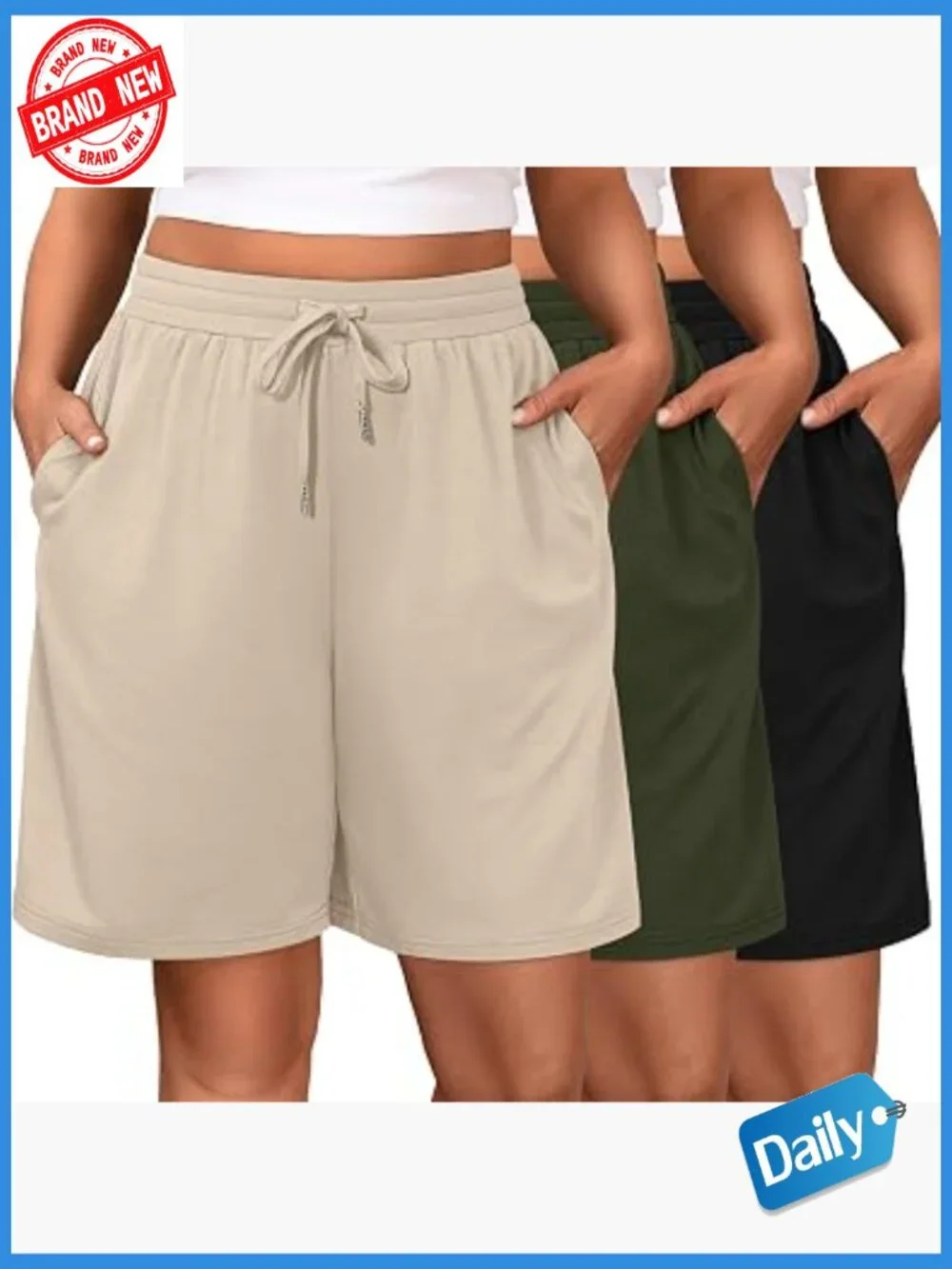3 Pack Plus Size Women's Bermuda Shorts Wide Leg Baggy Drawstring Athletic